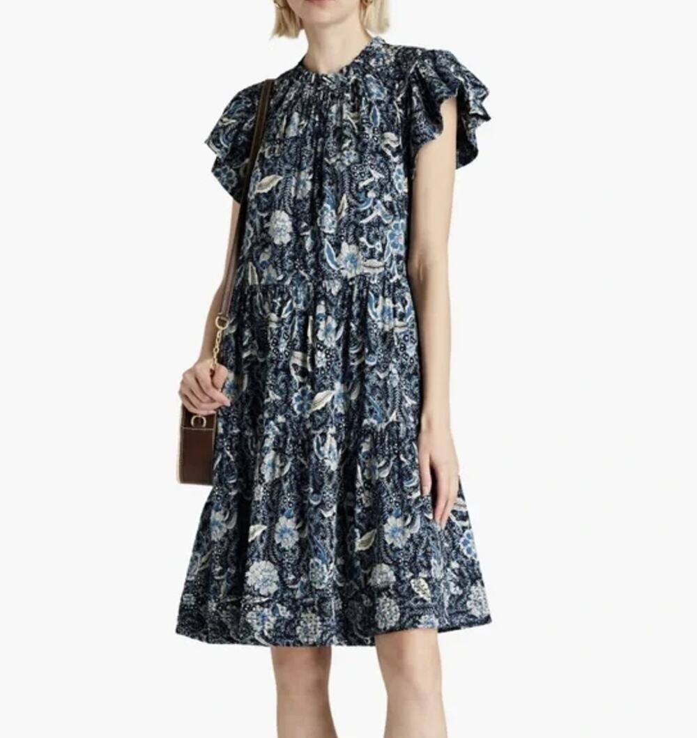 Ulla Johnson Kasim Gathered Floral Dress in Blue Cotton